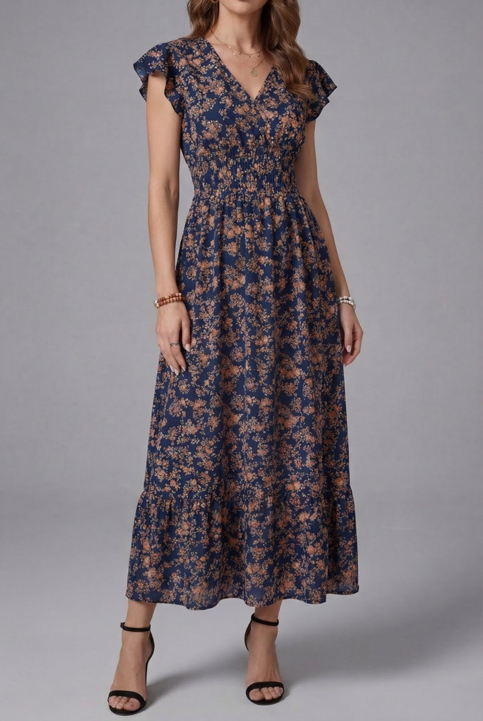 Women’s Ascot Floral V Neck Shirred Waist Midi Dress