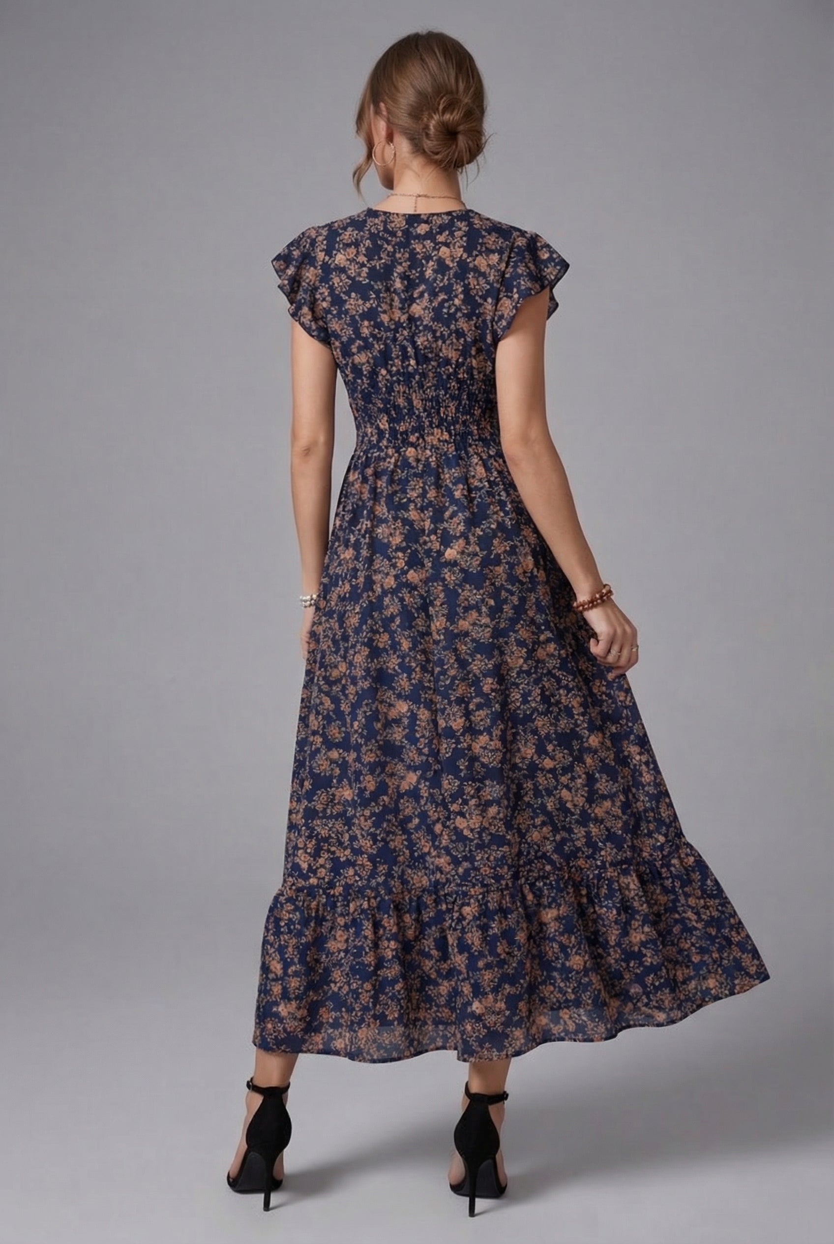 Women’s Ascot Floral V Neck Shirred Waist Midi Dress