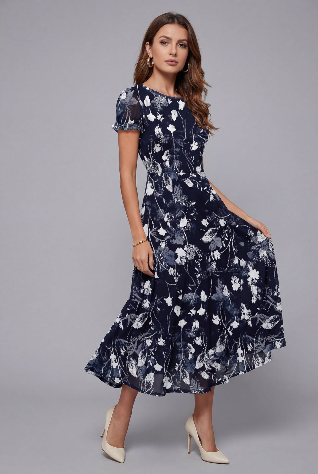 Crew neck floral short sleeve midi dress in Navy Blue, front view