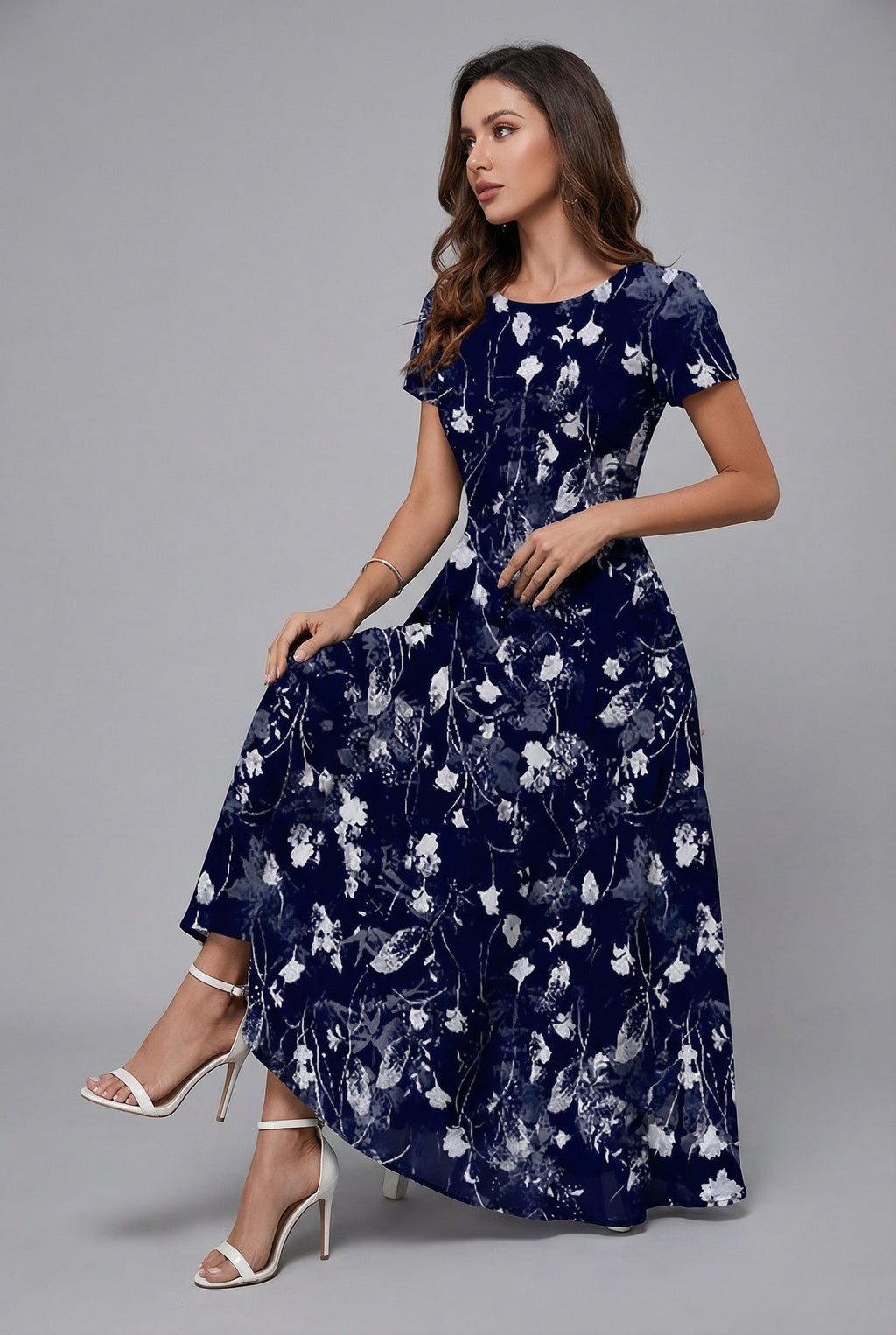 Crew neck floral short sleeve midi dress in Cyan, front view