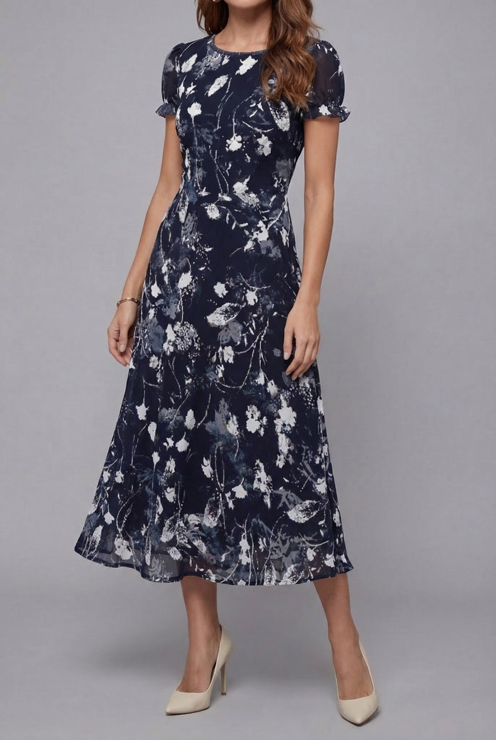 Crew neck floral short sleeve midi dress in Navy Blue, full length view