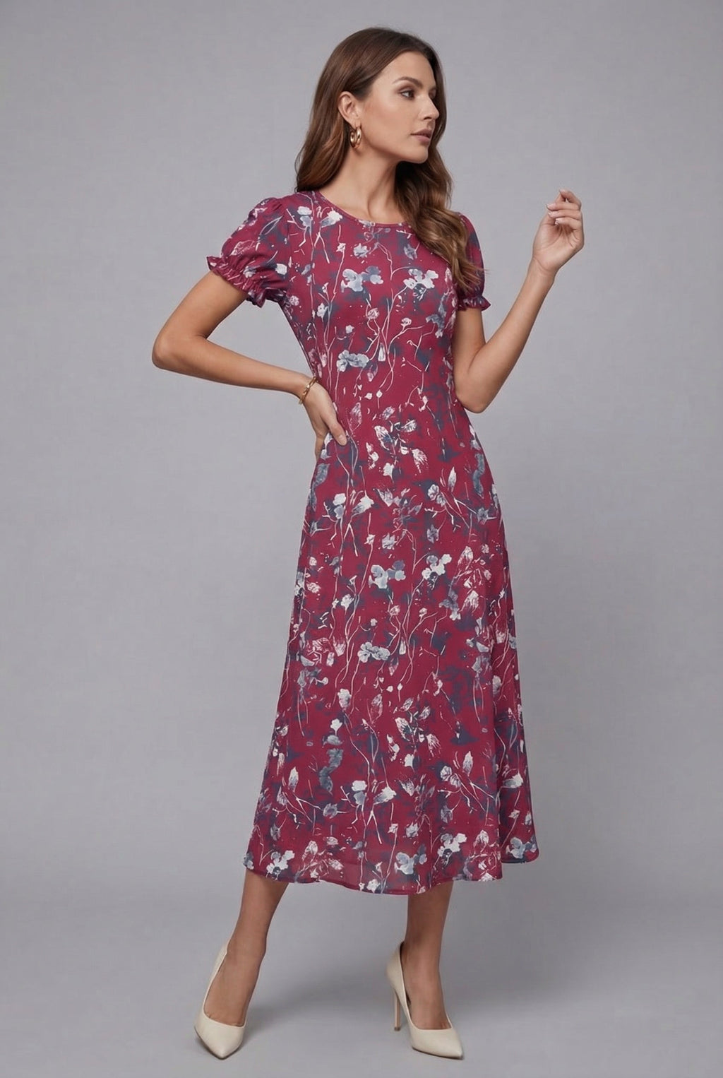Crew neck floral short sleeve midi dress in Rouge, front view