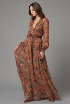 Women's floral V-neck long sleeve boho maxi dress in brown – belted waist front view