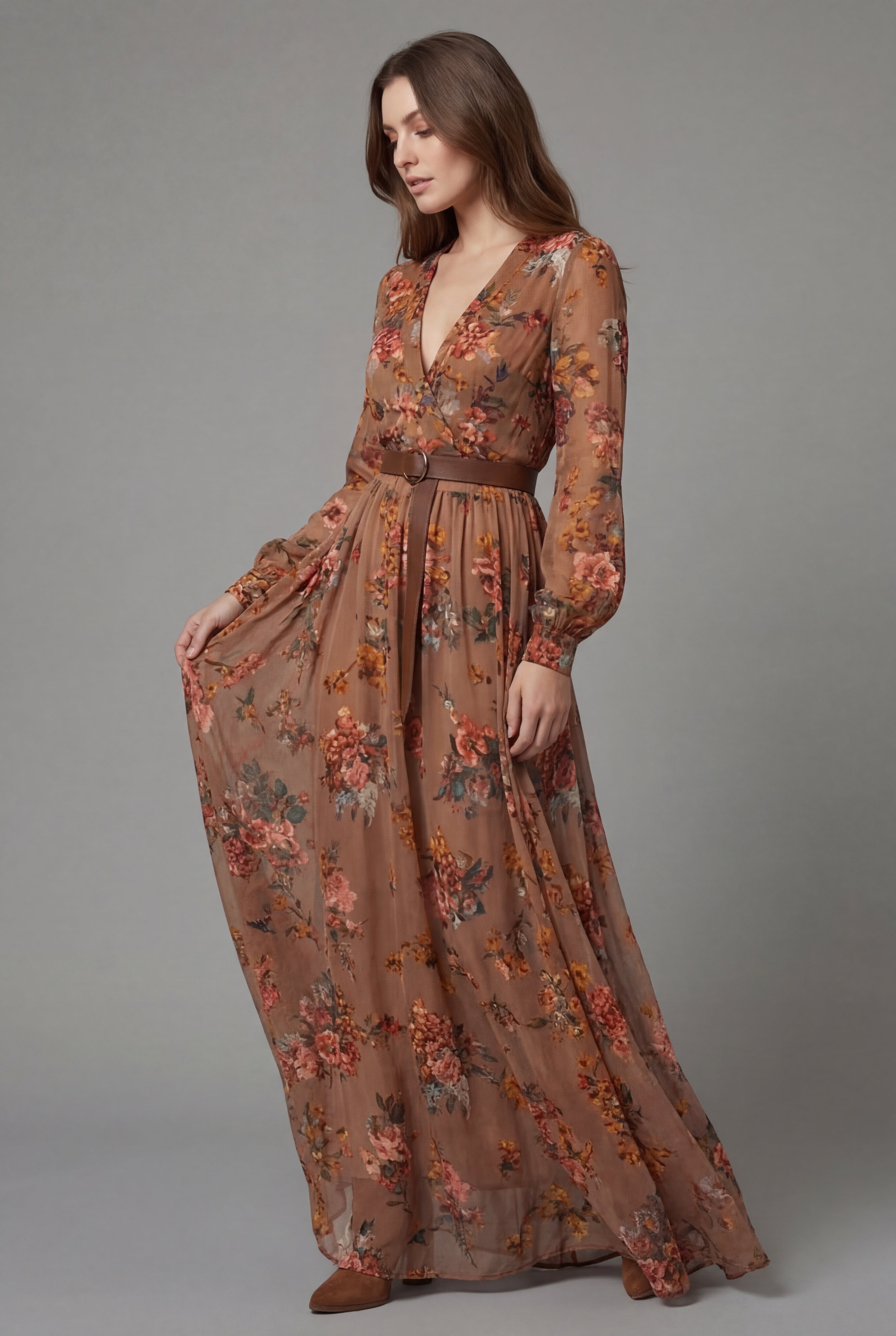 Women's floral V-neck long sleeve boho maxi dress in brown – belted waist front view