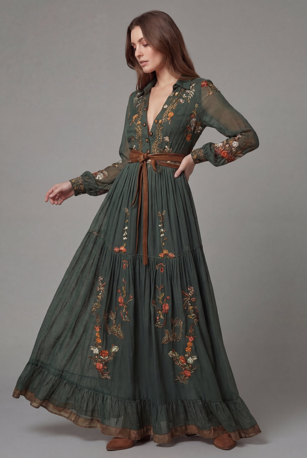 Women's floral long sleeve boho maxi dress in dark green – ruffle hem full length