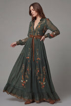Women's floral long sleeve boho maxi dress in dark green – ruffle hem full length