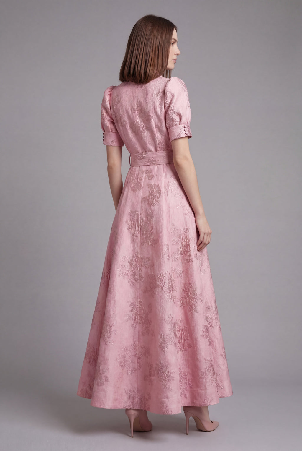 Ascot belted puff sleeve maxi dress with textured floral pattern – full length view