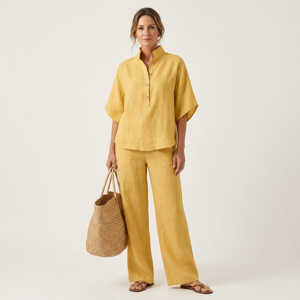 Lightweight linen two-piece co-ord set, linen fabric detail