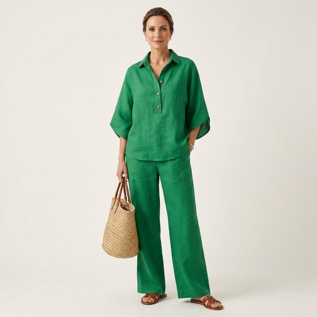 Lightweight linen two-piece co-ord set in navy, front view