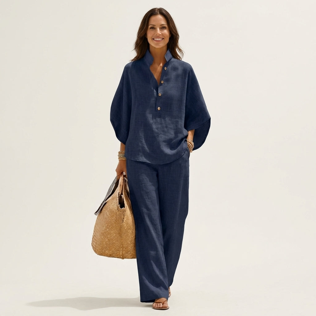 Lightweight linen two-piece co-ord set in sand, back view