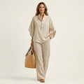 Lightweight linen two-piece co-ord set in sand, front view