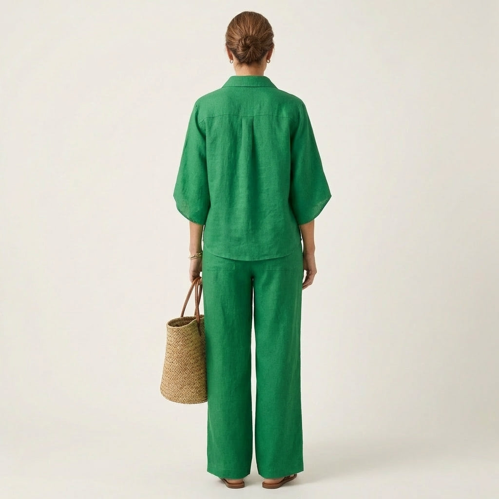 Lightweight linen two-piece co-ord set in black, front view
