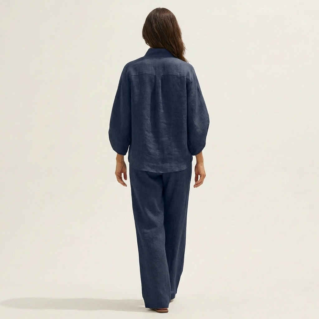 Lightweight linen two-piece co-ord set in green, back view