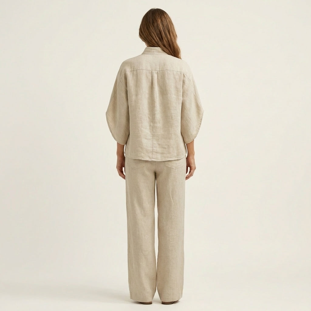 Lightweight linen two-piece co-ord set in green, front view