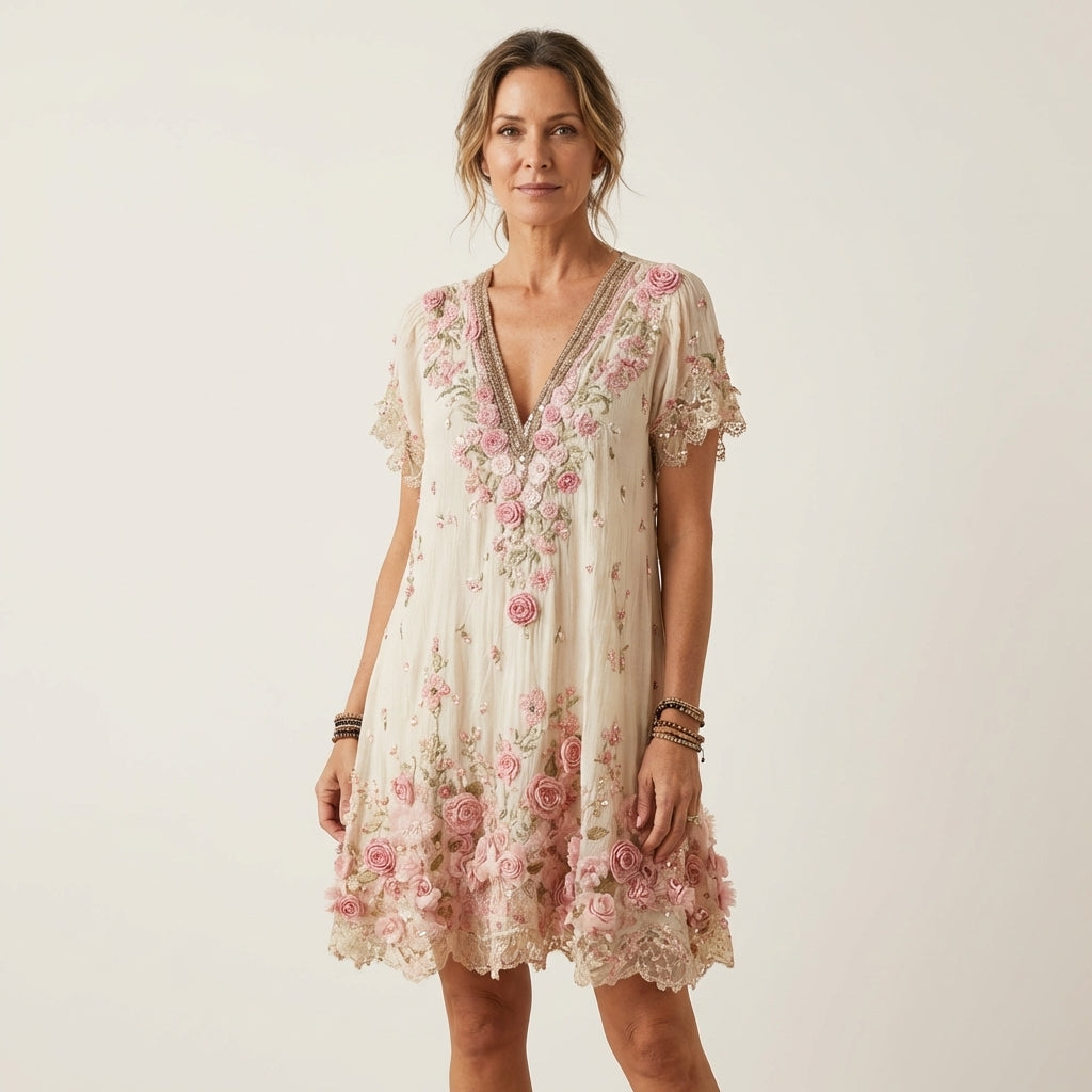 Floral embroidered midi dress in pink, front view