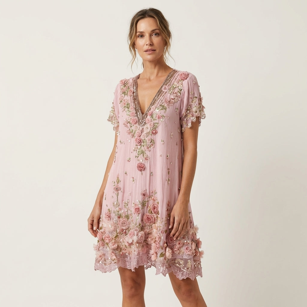 Floral embroidered midi dress in blue, back view