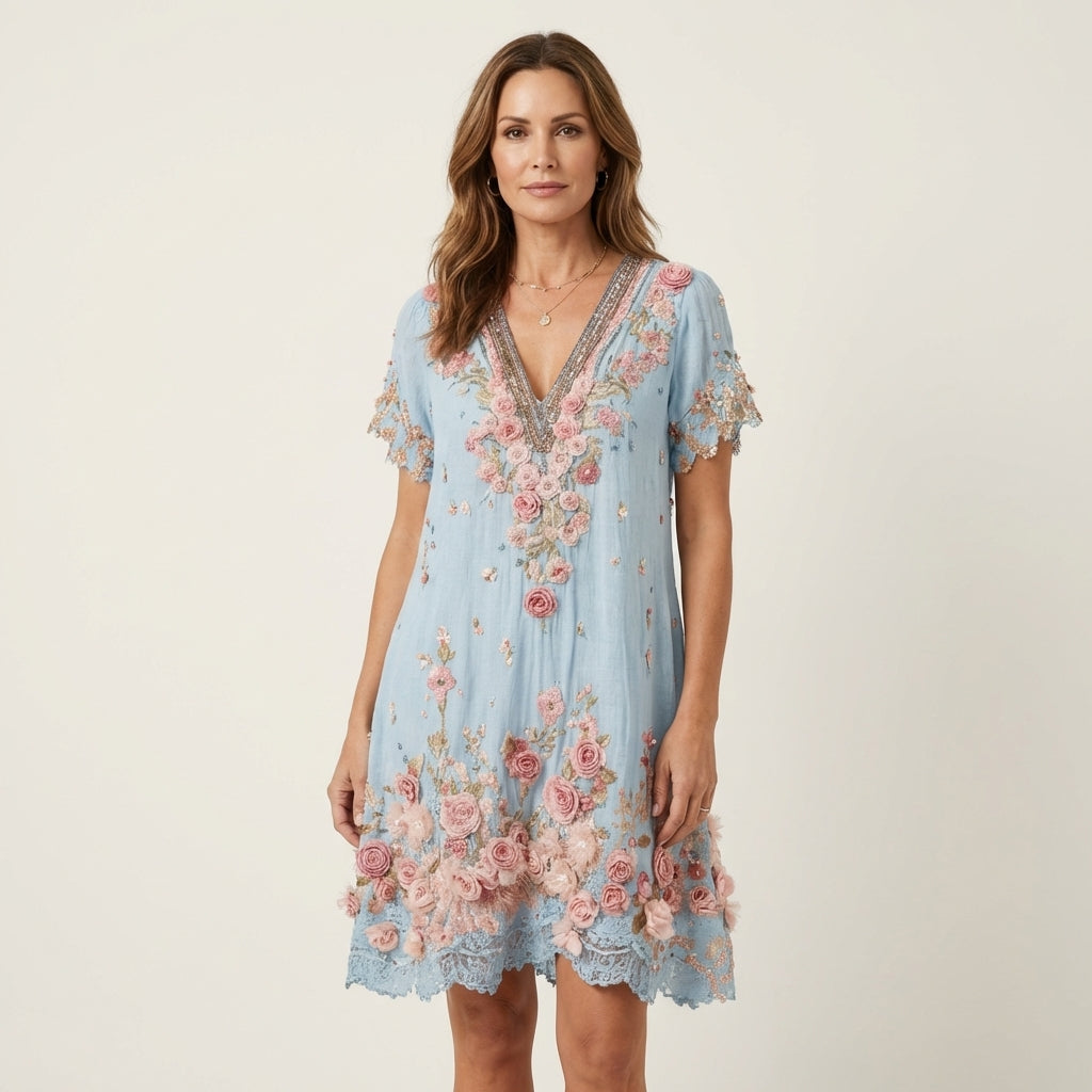 Floral embroidered midi dress in green, front view