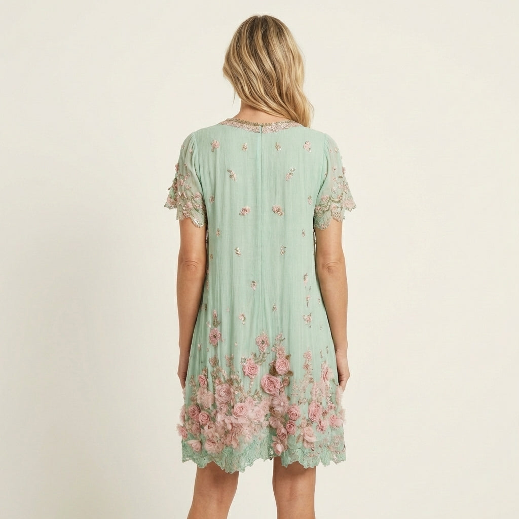 Floral embroidered midi dress in pink, back view