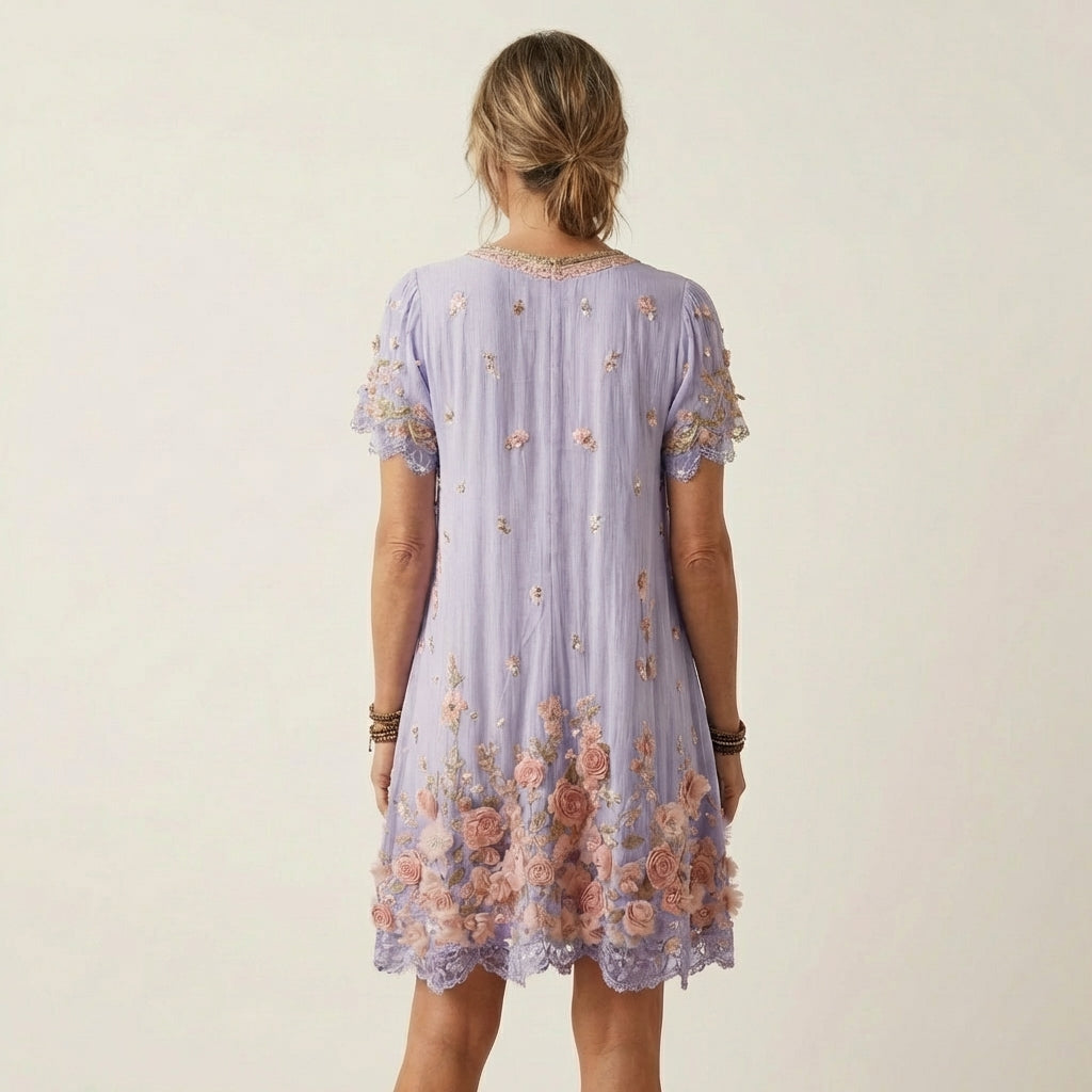 Floral embroidered midi dress in white, back view