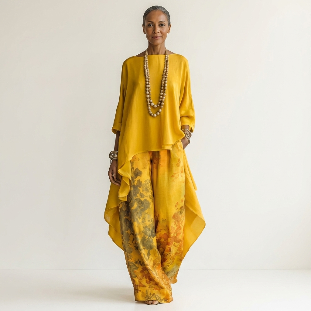 Cotton-silk two-piece set with asymmetric tunic, tunic detail