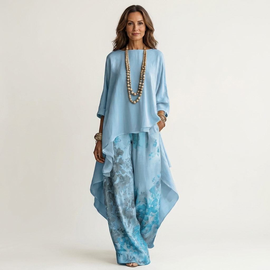 Cotton-silk two-piece set with asymmetric tunic in green, front view