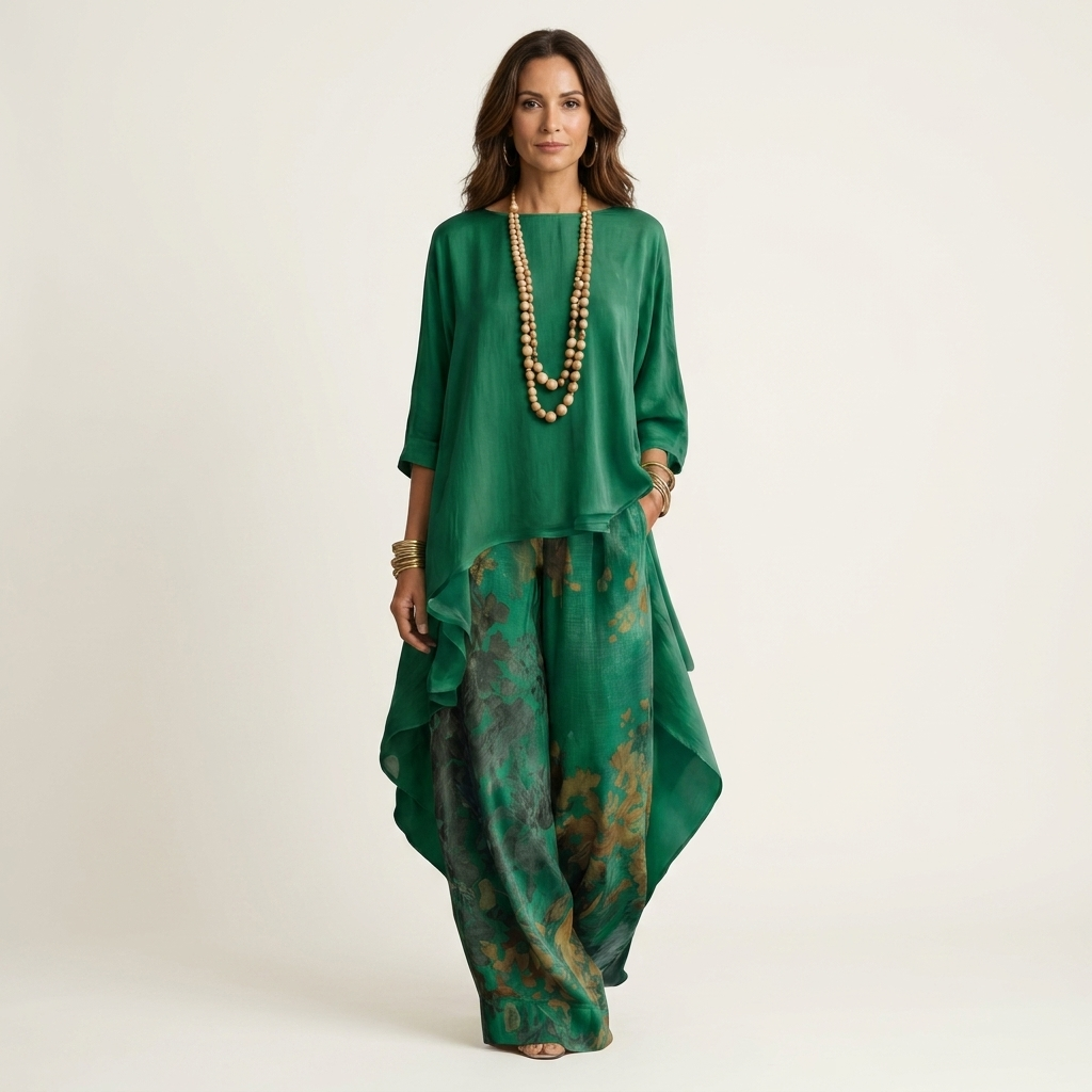 Cotton-silk two-piece set with asymmetric tunic in blue, front view
