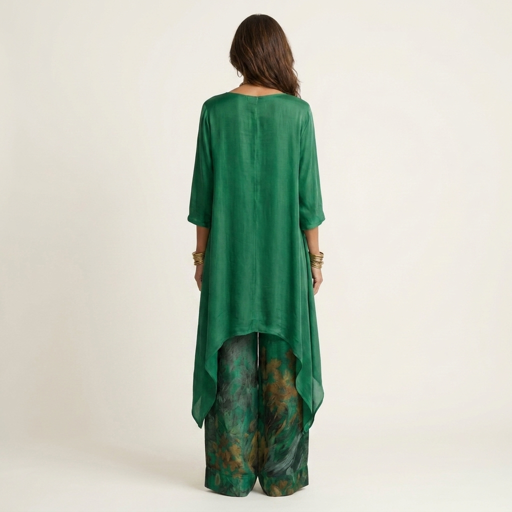 Cotton-silk two-piece set with asymmetric tunic in blue, back view