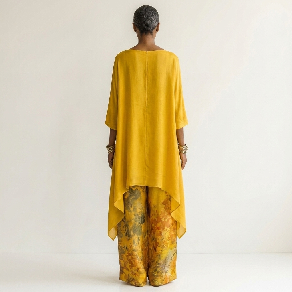 Cotton-silk two-piece set with asymmetric tunic in green, back view