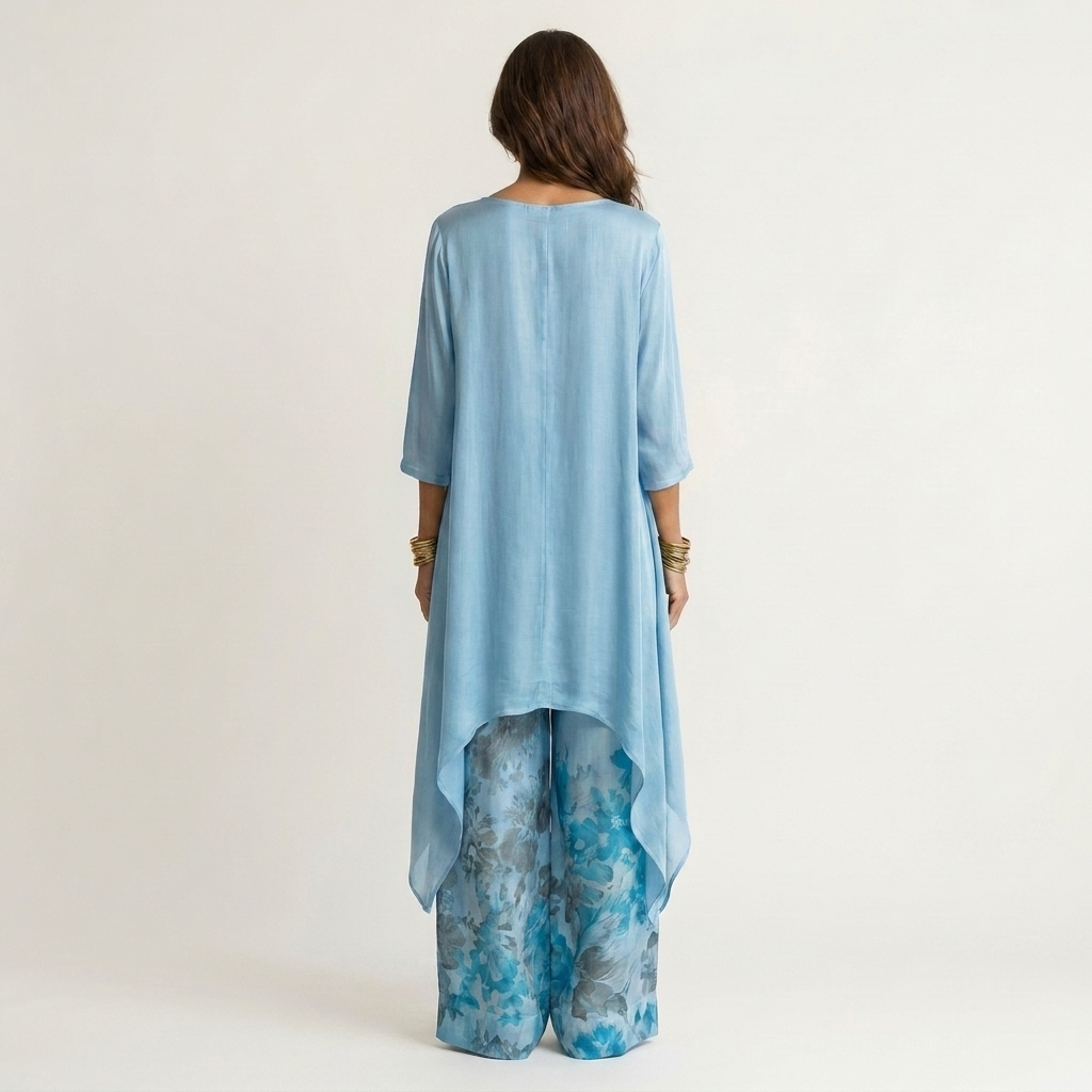 Cotton-silk two-piece set with asymmetric tunic in yellow, front view