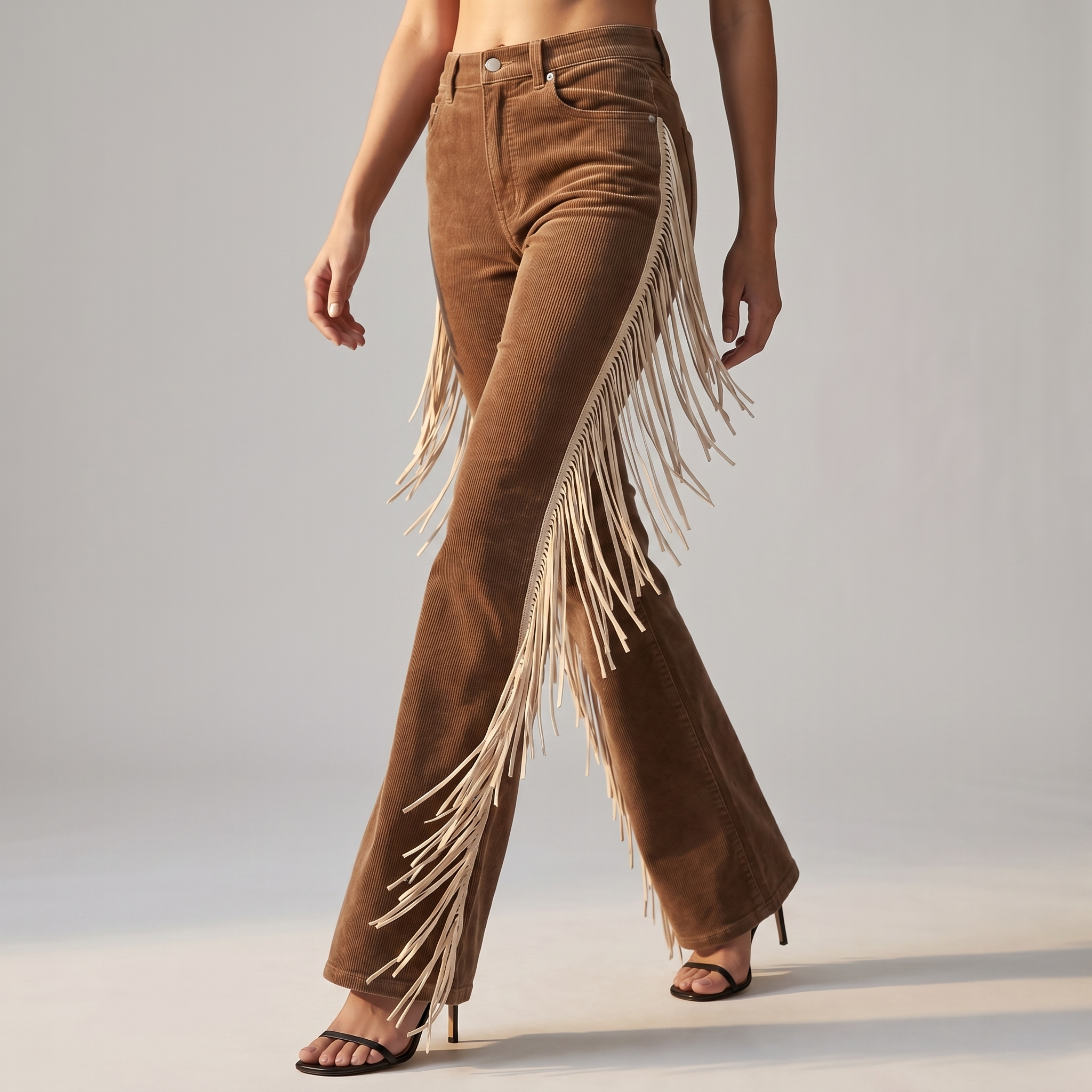 Brown fringe bootcut cowboy jeans, front view