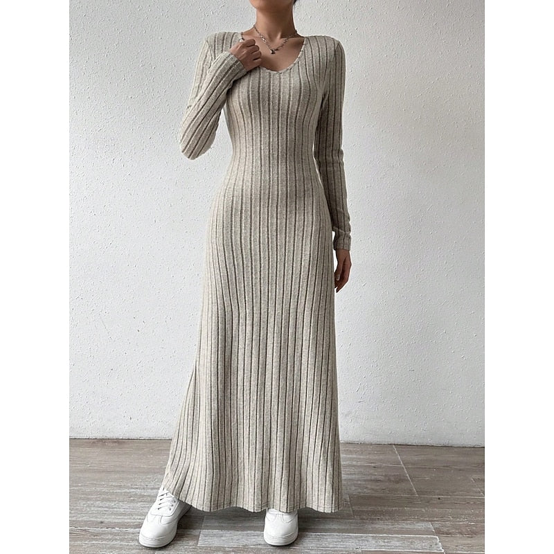 Green Ribbed V-Neck Maxi Dress