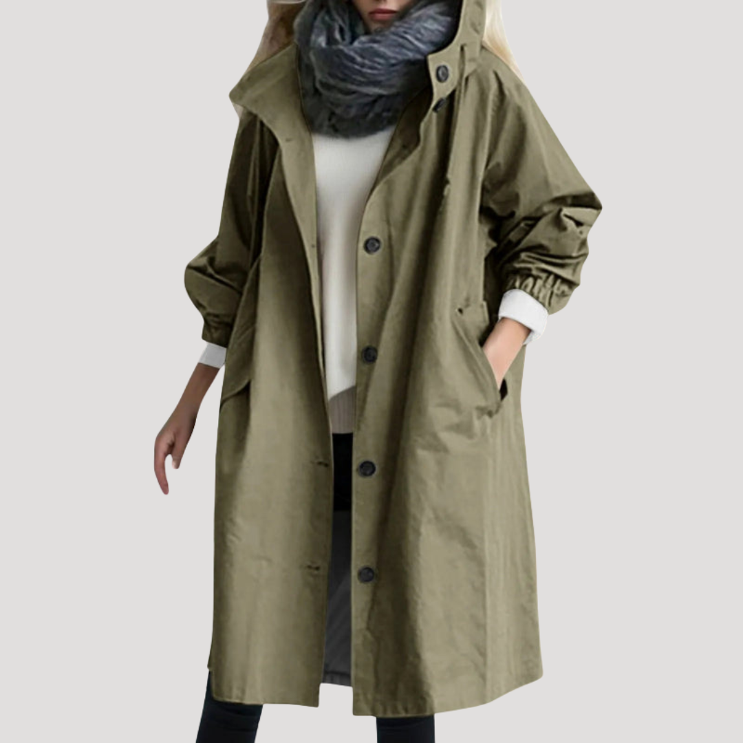 Green relaxed hooded button front coat, front view
