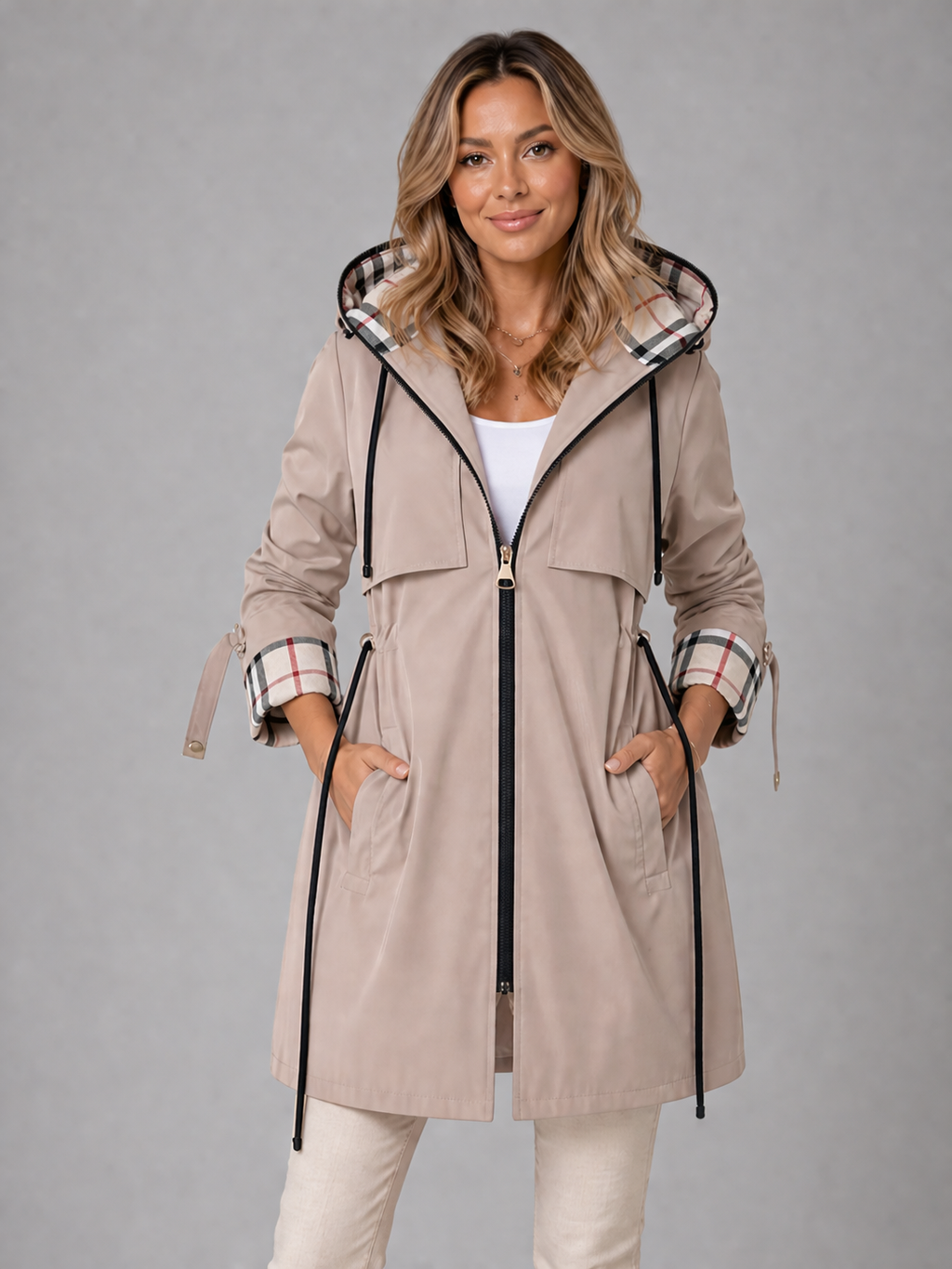 Khaki hooded longline drawstring rain coat, front view