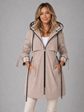 Khaki hooded longline drawstring rain coat, front view