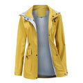 Yellow water resistant detachable hood trench coat, front view