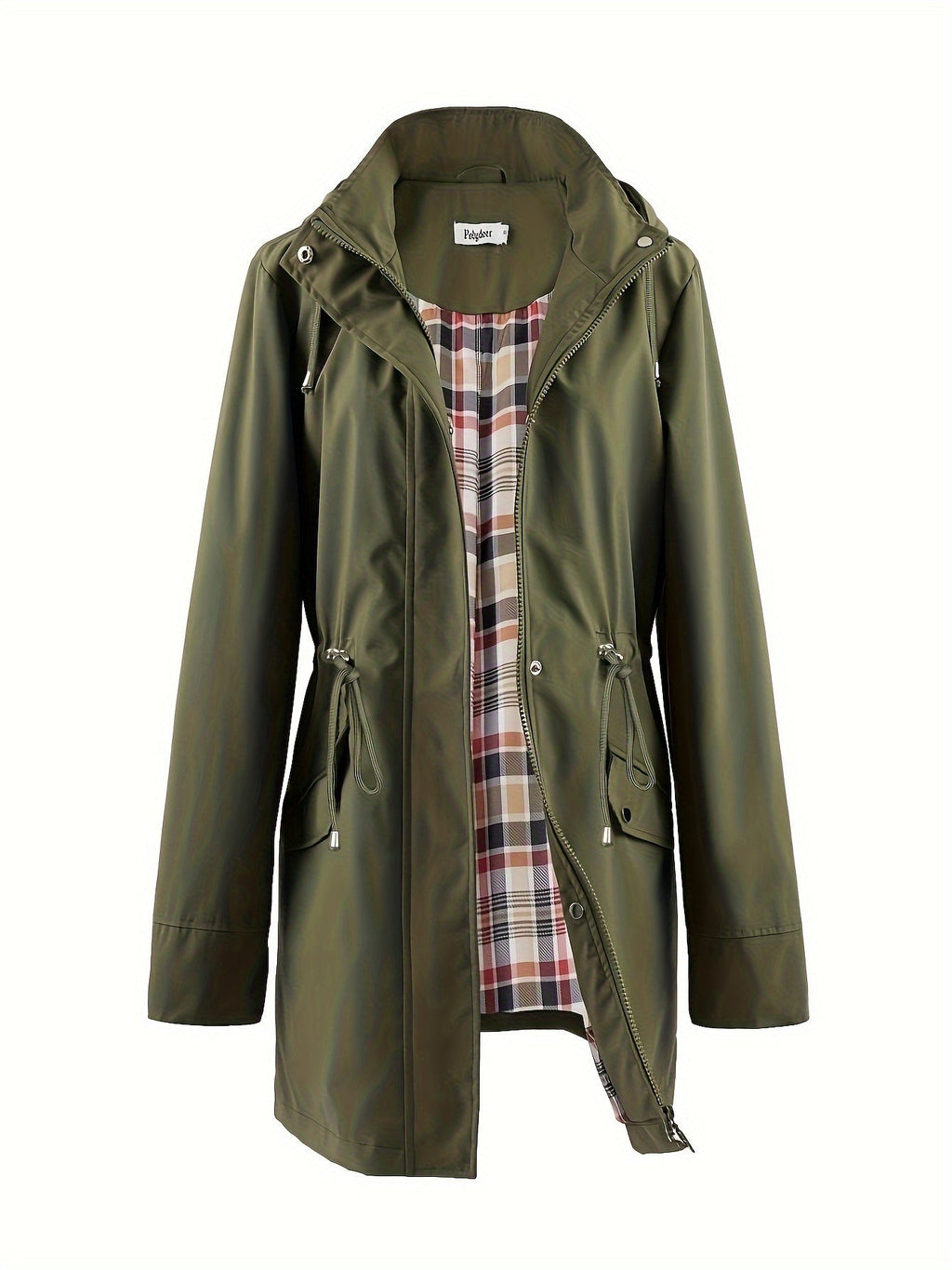 Black hooded drawstring waist zip up coat, front view