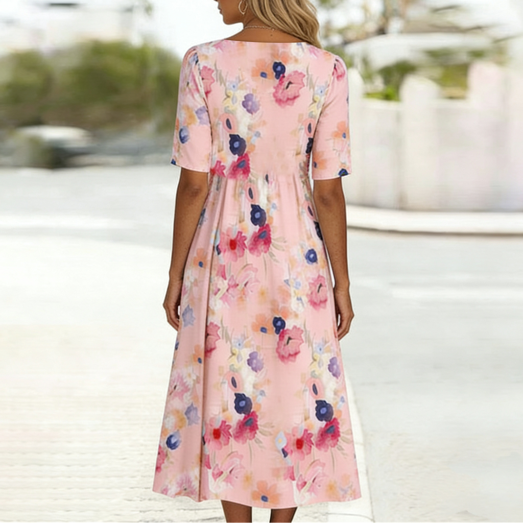 Pink floral midi dress casual daytime styling