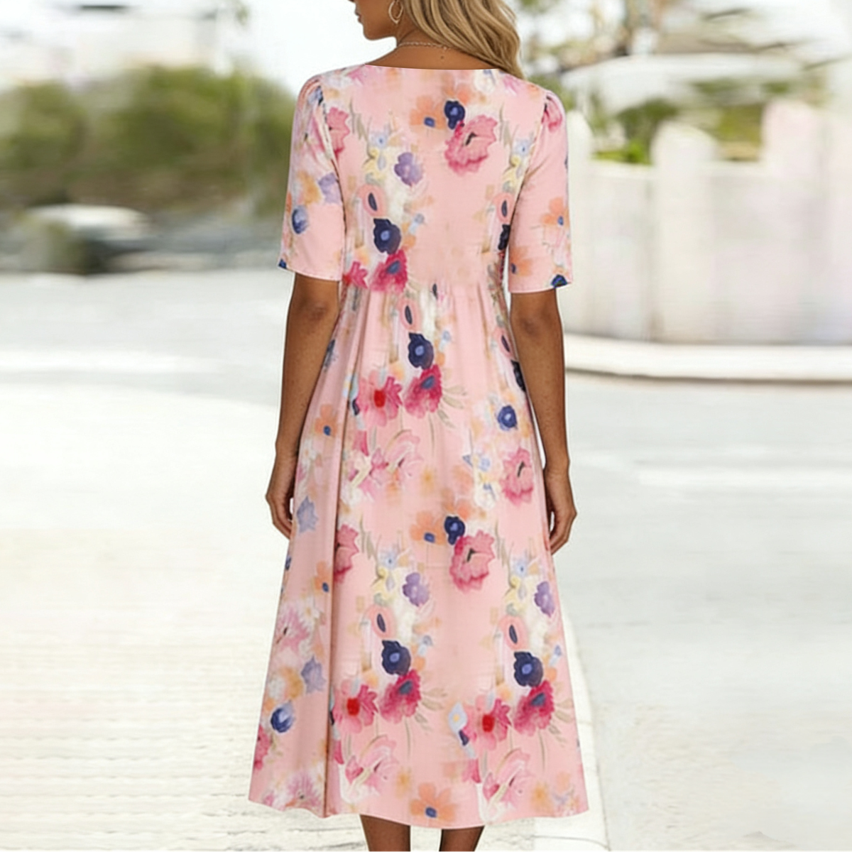 Pink floral midi dress casual daytime styling