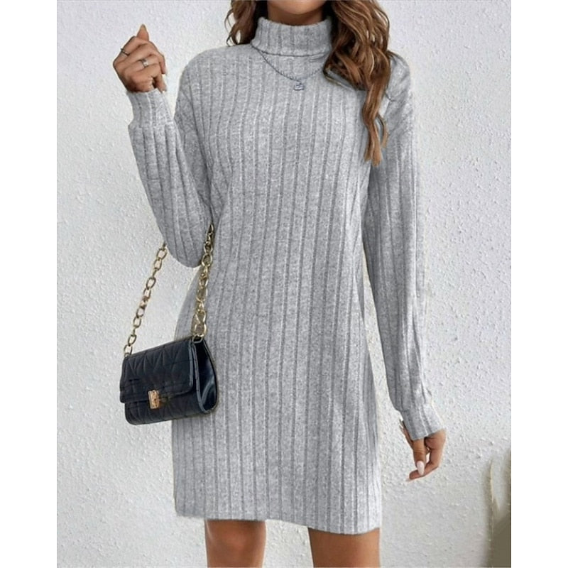 Light Grey Ribbed Roll Neck Mini Dress, front view