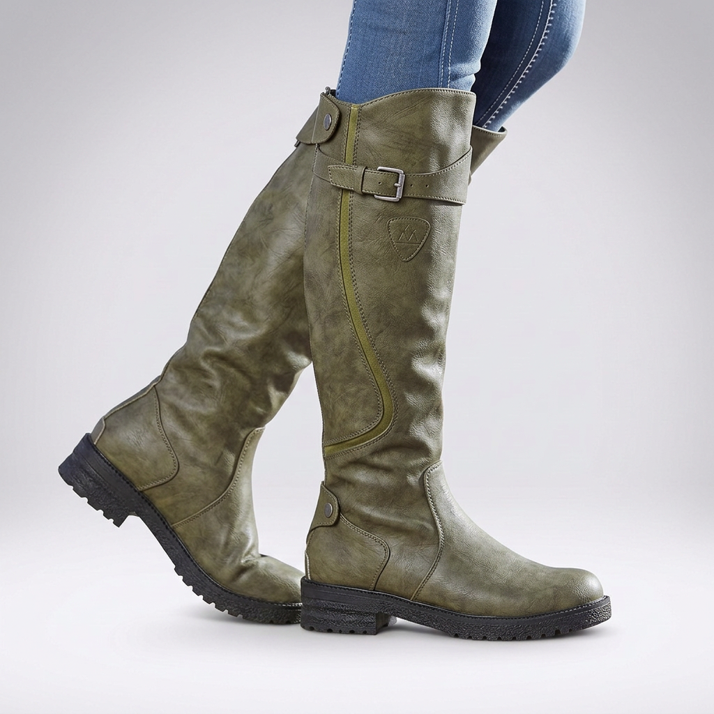 Orthopaedic adjustable buckle ankle boots with a sleek silhouette in Olive Green
