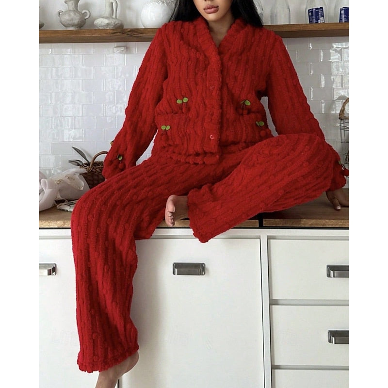 Red fluffy cherry-detail Loungewear Set