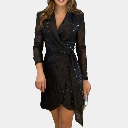 Black Belted Glitter Blazer Dress