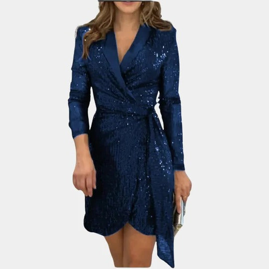 Blue Belted Glitter Blazer Dress