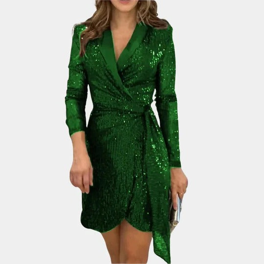 Green Belted Glitter Blazer Dress