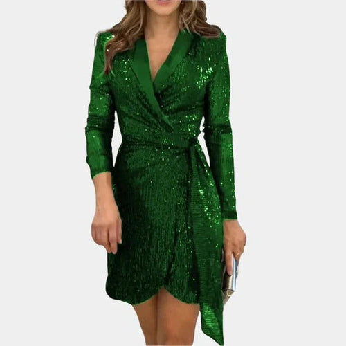 Green Belted Glitter Blazer Dress