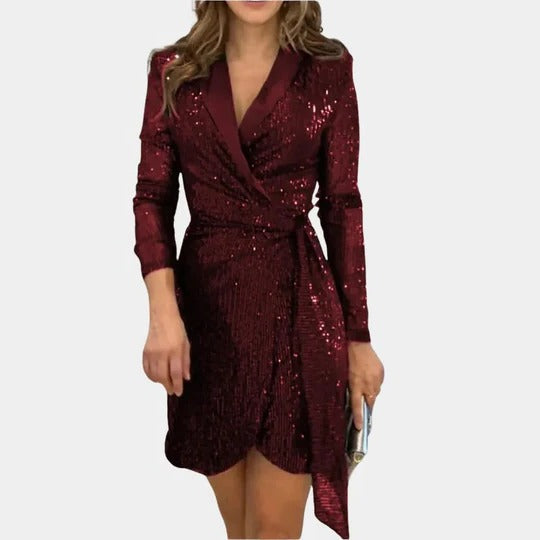 Red Belted Glitter Blazer Dress, front view