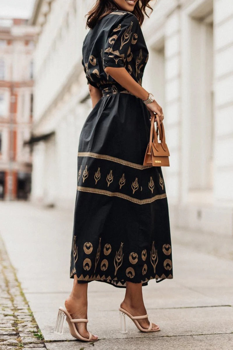 Belted boho print midi dress women's long sleeve | Alba Muse