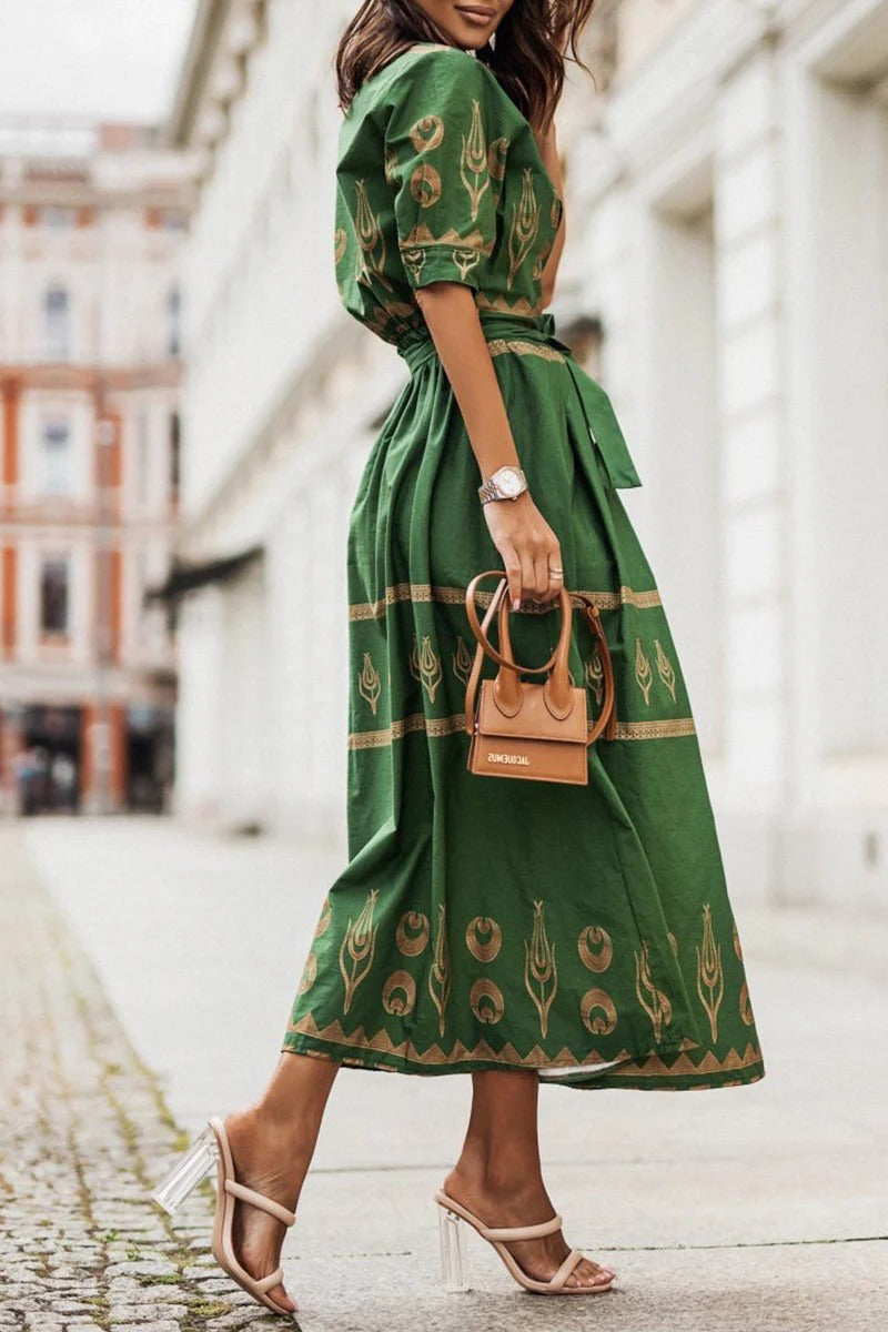 Women's boho print midi dress adjustable belt long sleeve | Alba Muse