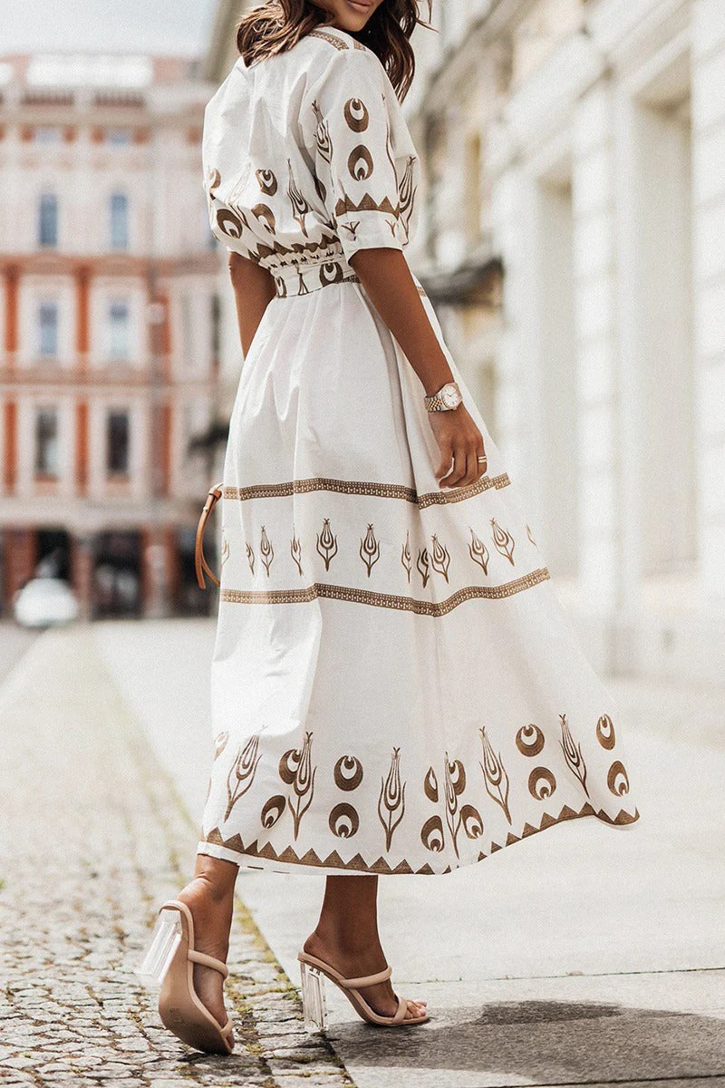 Boho printed long-sleeve midi dress women's belted waist | Alba Muse