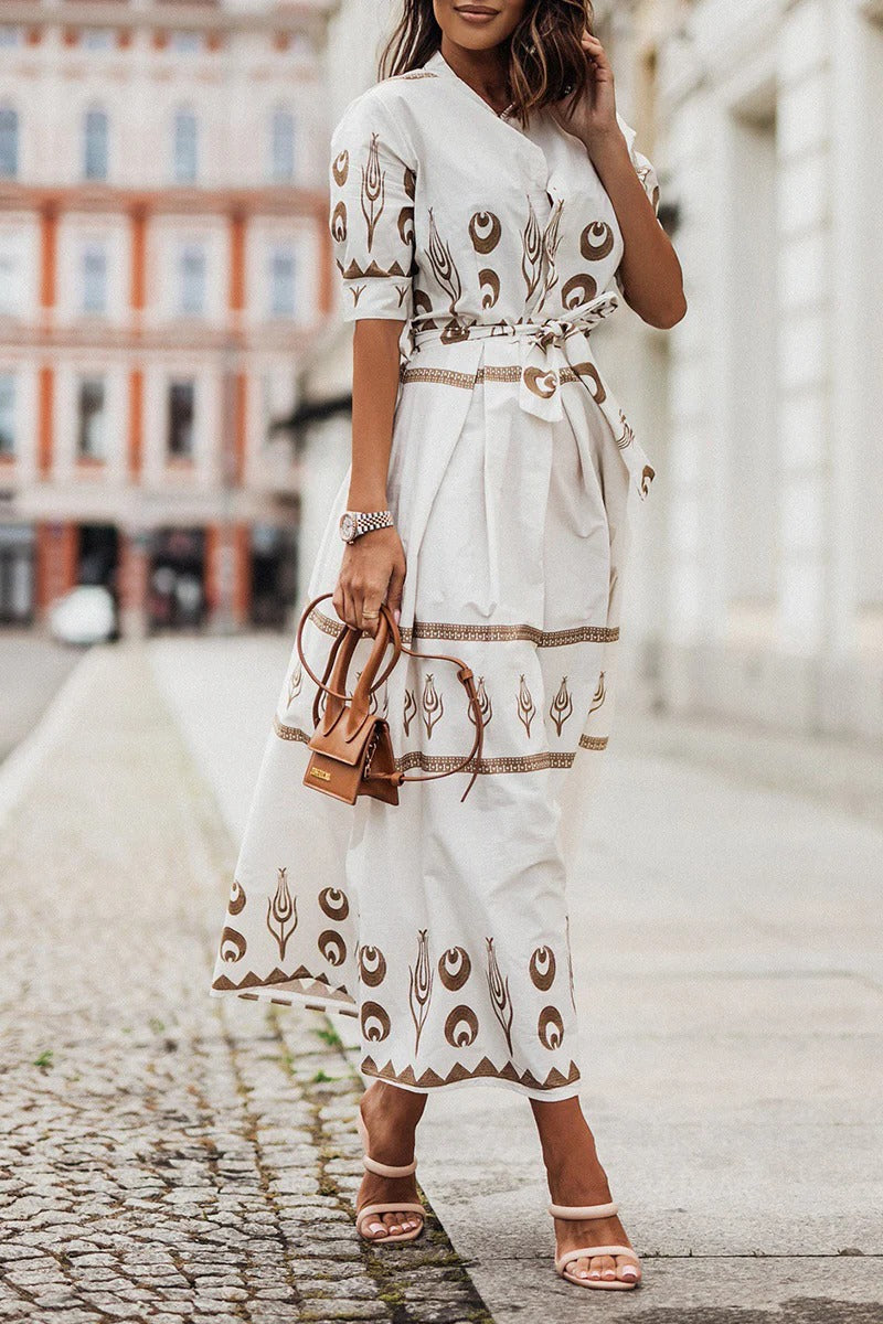 Women's boho belted midi dress print detail long sleeve | Alba Muse
